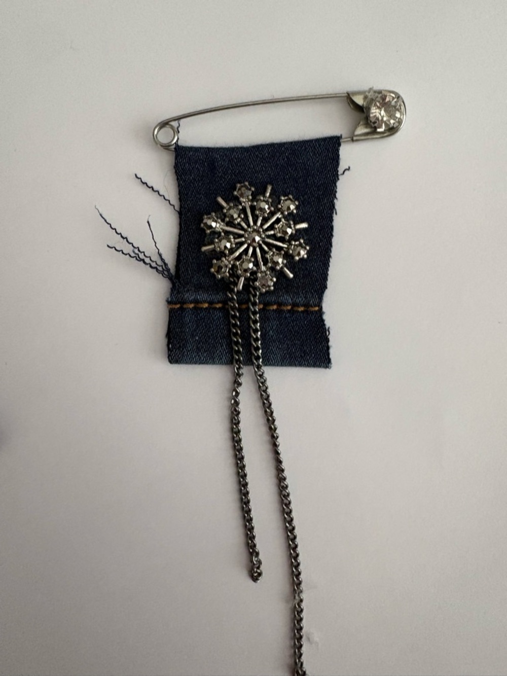 Upcycled Denim with Silver Crystal  Brooch with Chain Accent